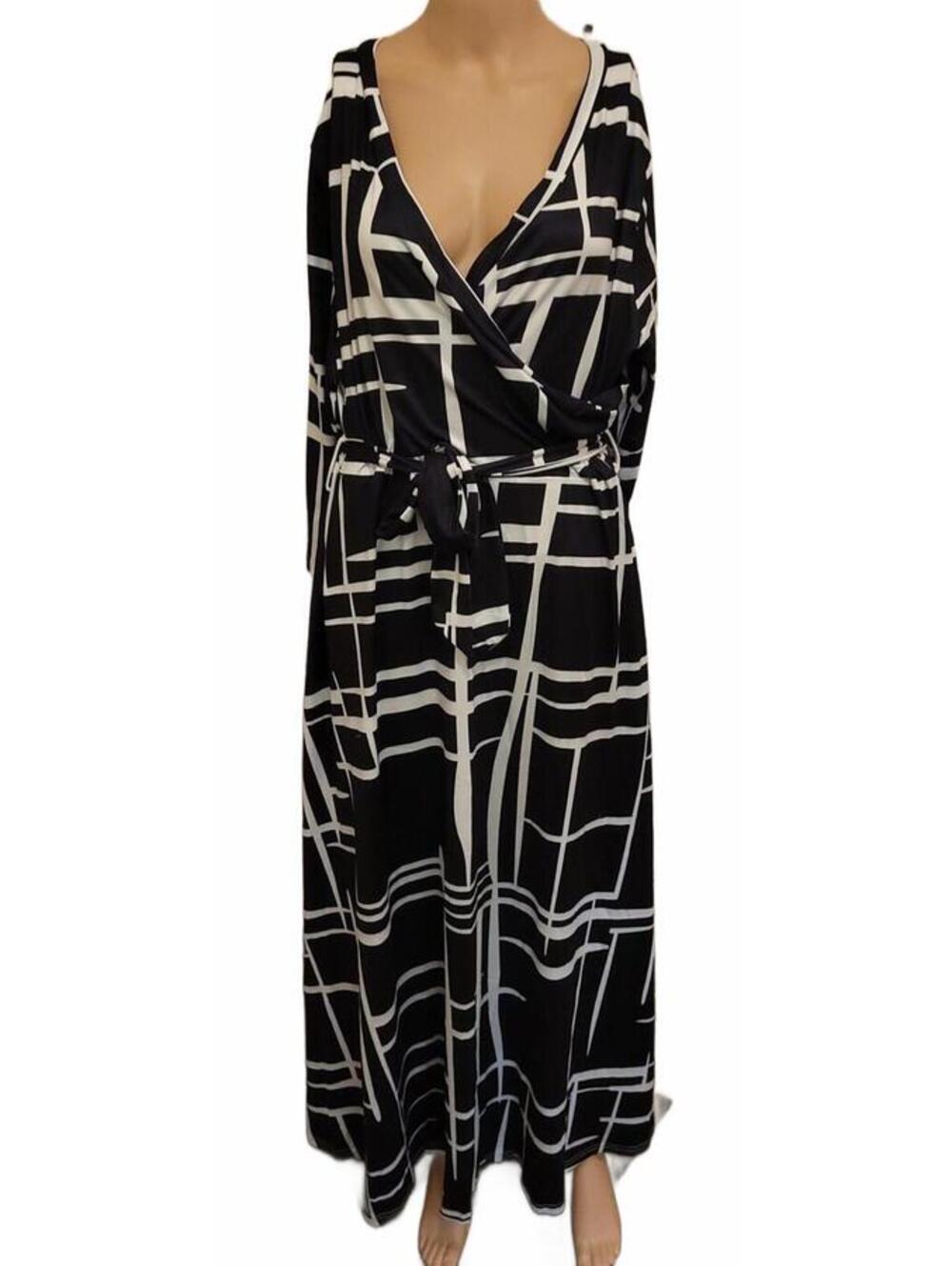 PE-2002 Women’s Plus Size 1XL Black White Geometric Wrap Maxi Floral Sexy Dress